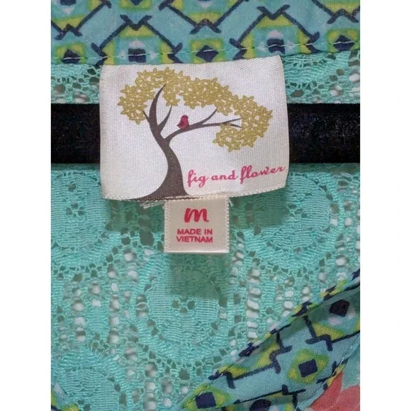 Anthropologie Fig &‎ Flower Boho Peasant Blouse M Aqua/Blue/Coral Lace Back - Picture 4 of 4